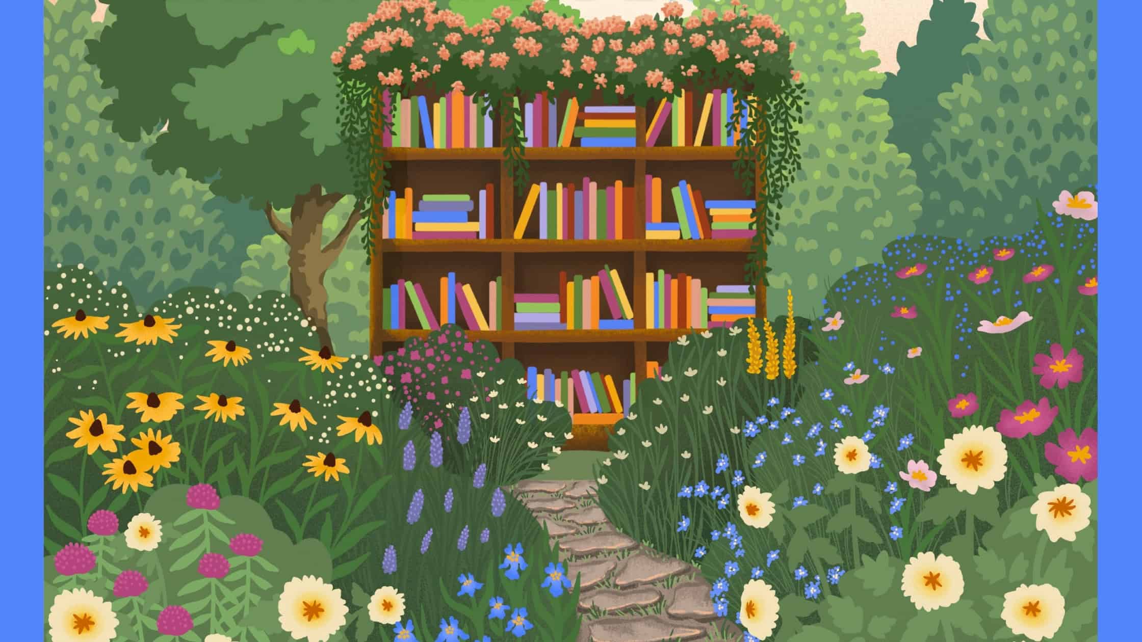 Illustration of readers cottagecore garden with flowers and bookshelves illustration for the BiblioLifestyle 2026 Winter Reading Guide cover design