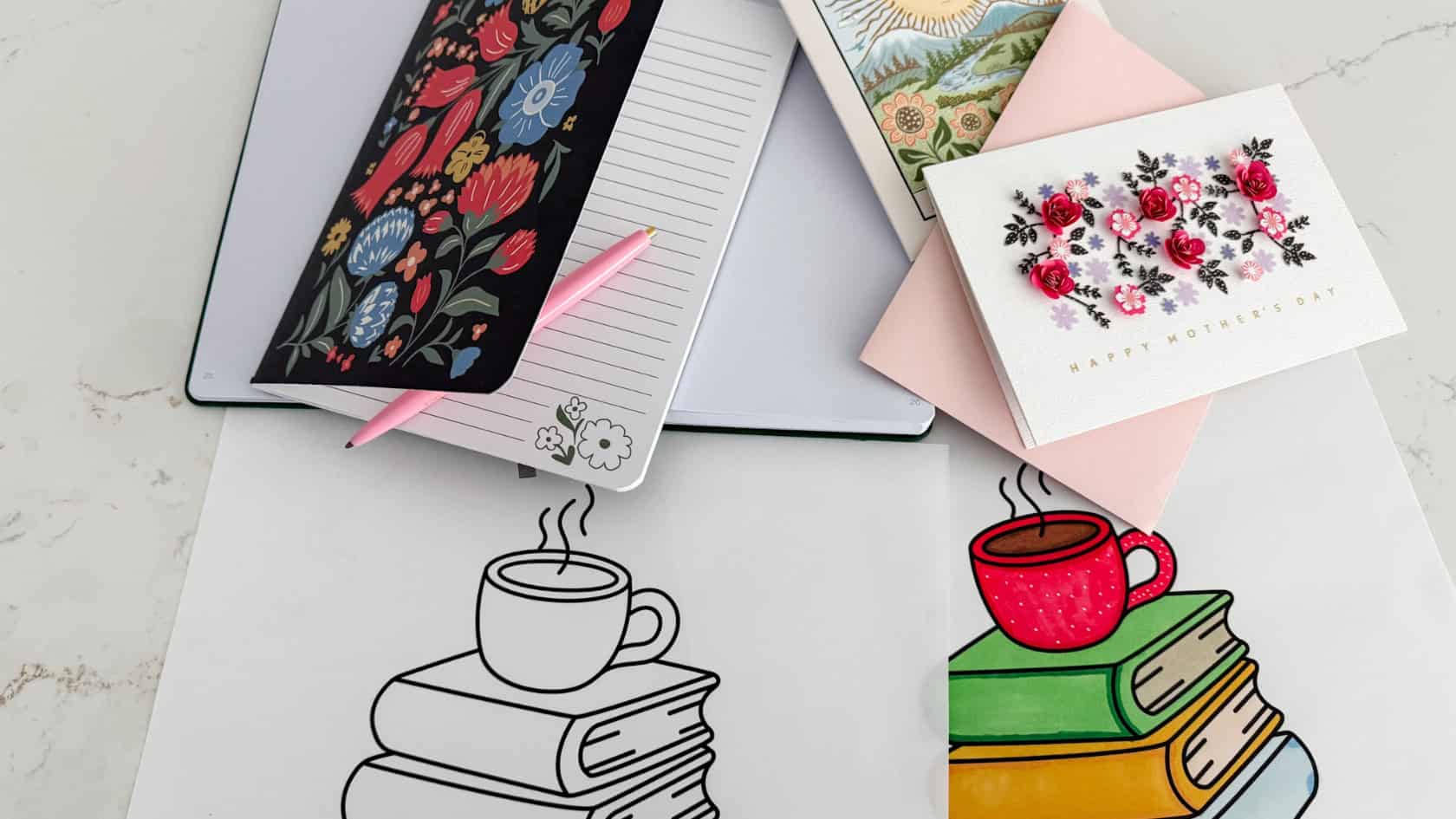 A flatlay of a cozy low-cost hobby setup with notebook, cards, coloring pages