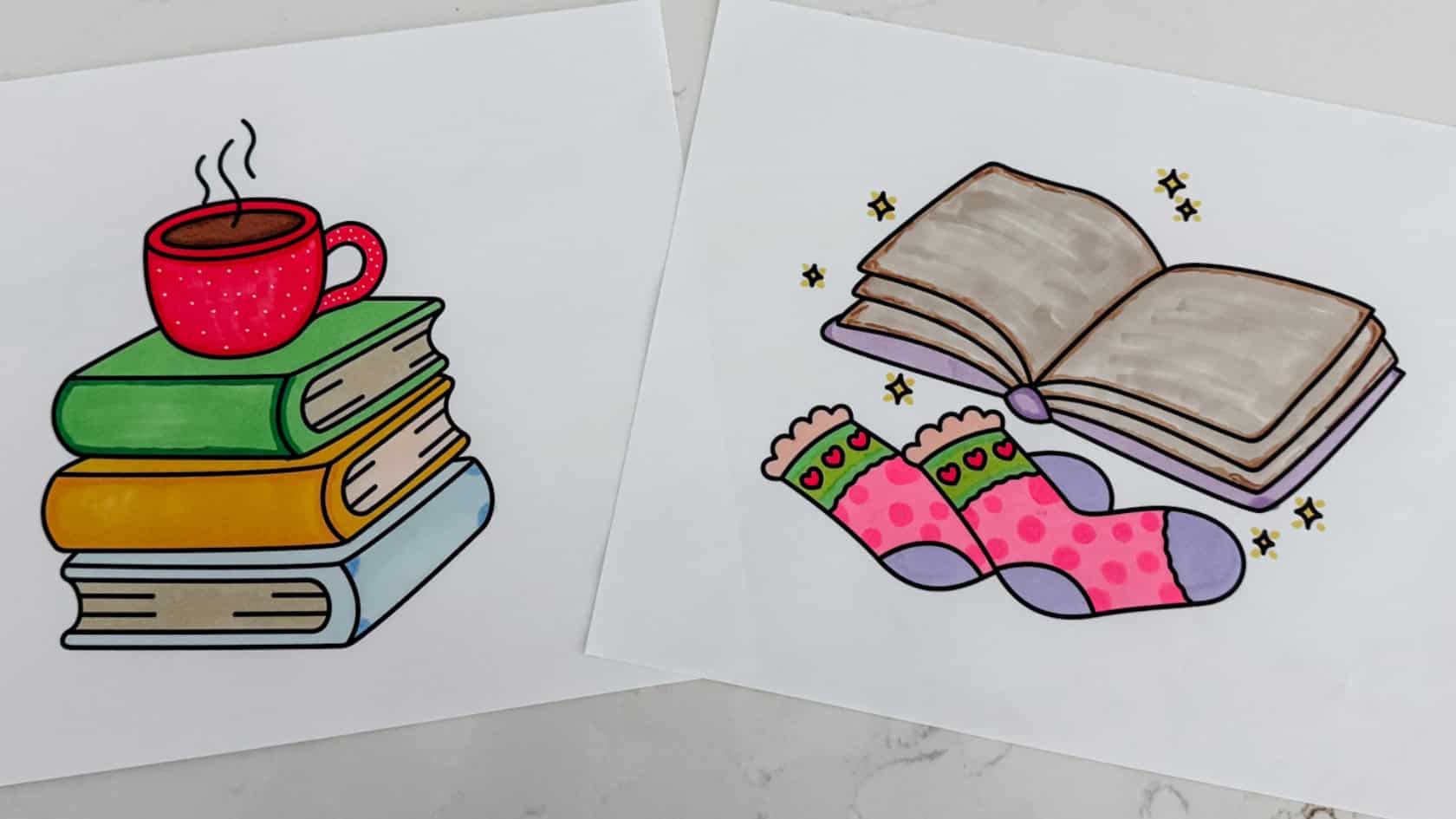 A flatlay of my minimalist bookish coloring pages for adults beginners