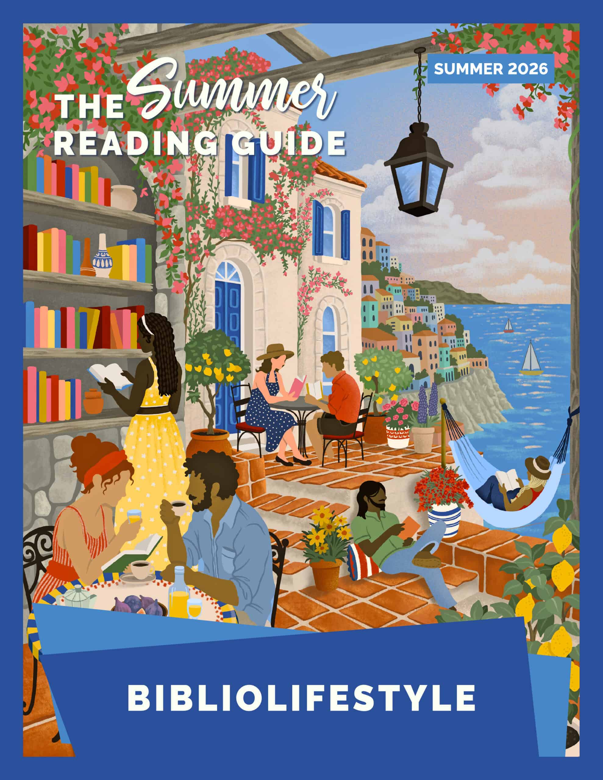 BiblioLifestyle 2026 Summer Reading Guide cover design Mediterranean aesthetic with lemon trees and bookshelves