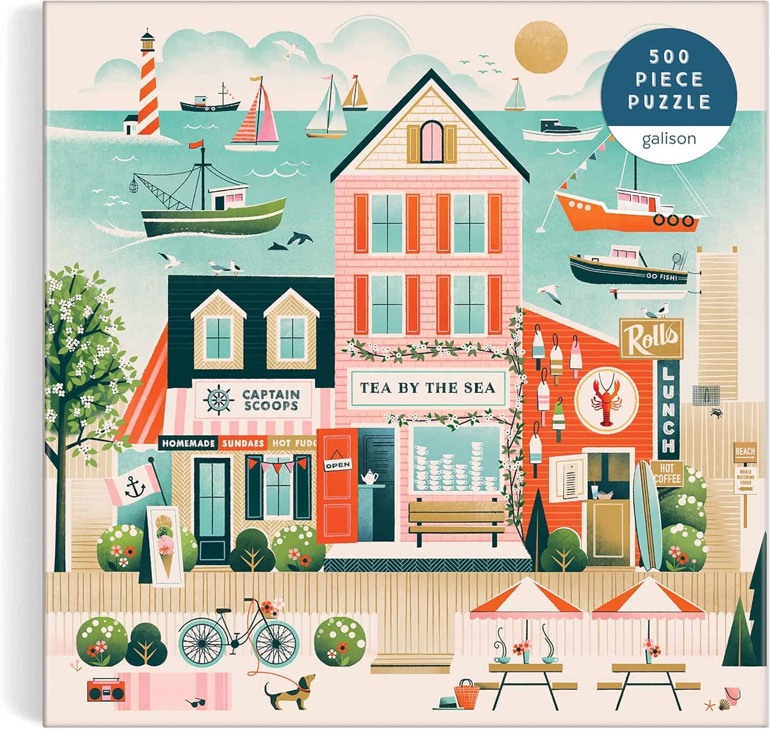 Galison Beside The Sea – 500 Piece Puzzle Fun and Challenging Activity with Bright and Bold Artwork of Charming Village and Sea Scenery for Adults and Families