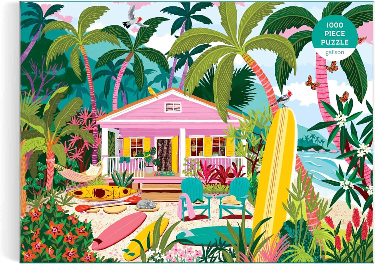 Galison Surfside Bungalow – 1000 Piece Jigsaw Puzzle Featuring Beautiful Artwork of A Beach Bungalow with Surfboards and Ocean Views