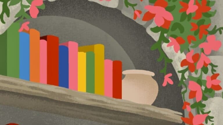 Part of the cover design illustration from The 2026 summer reading guide with a bookshelf filled with the best new cozy mysteries summer 2026