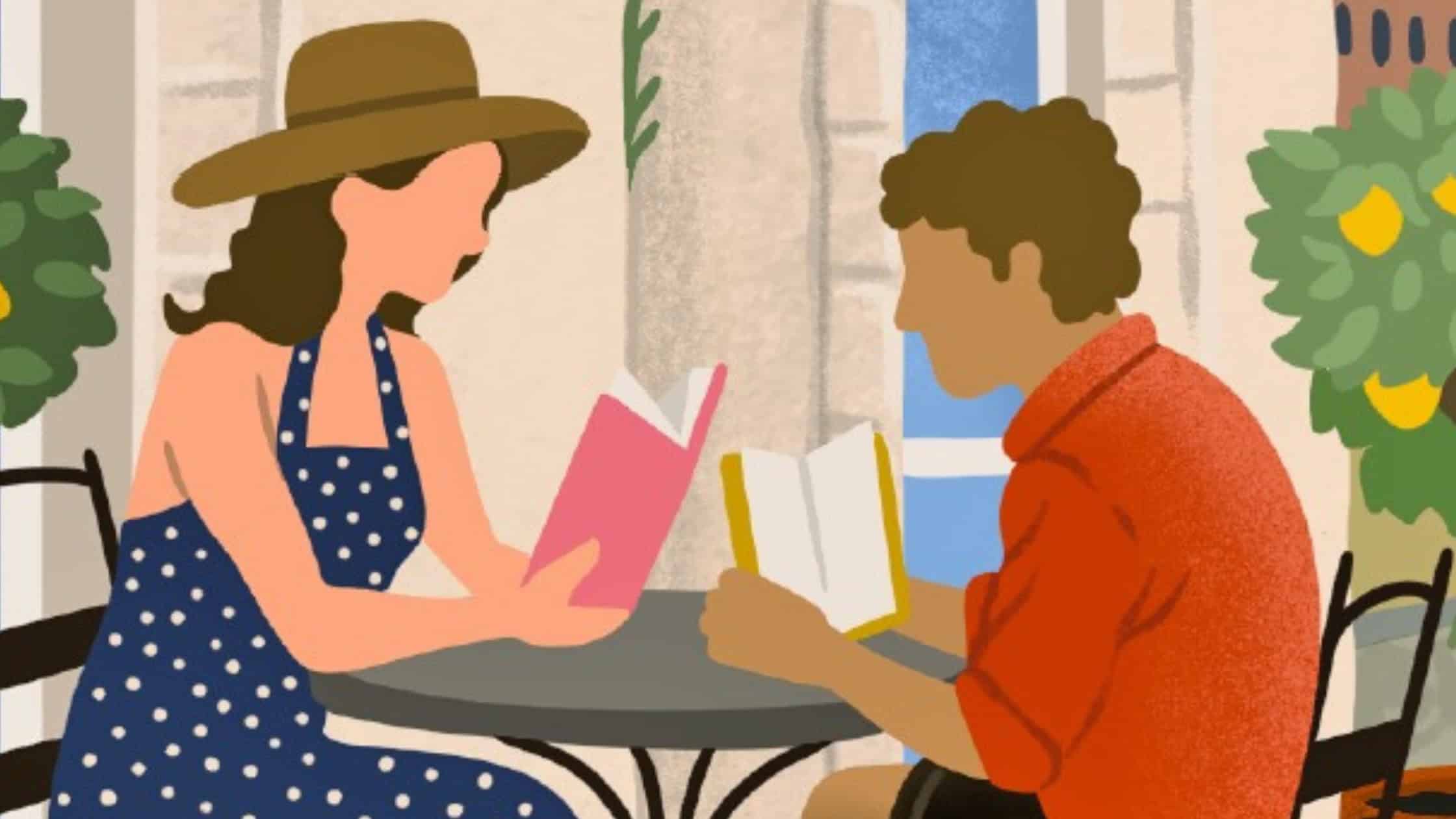 Part of the cover design illustration from The 2026 summer reading guide with two friends sitting reading the best new family and friendship books summer 2026