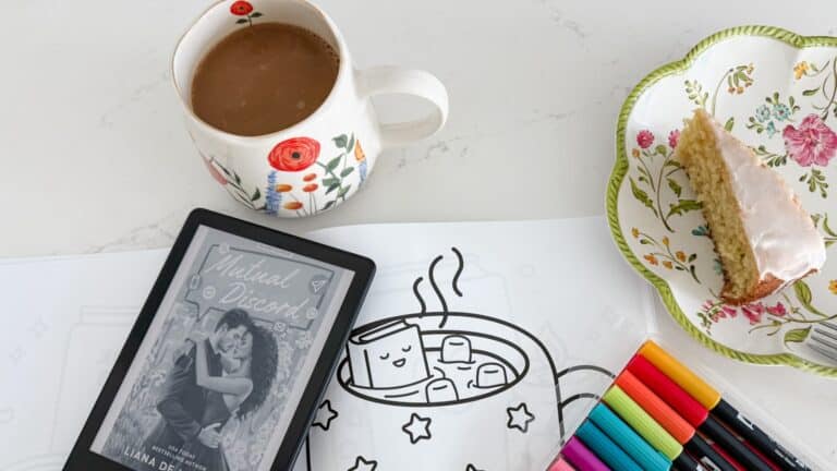 my soft week menu cozy setup with my ebook, coloring pages, lemon cake and coffee
