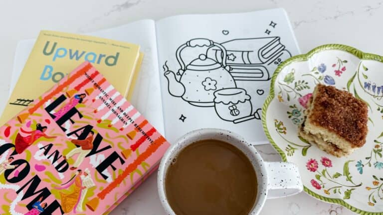 my soft week menu cozy setup with my two books, coloring page, coffee, and coffee cake