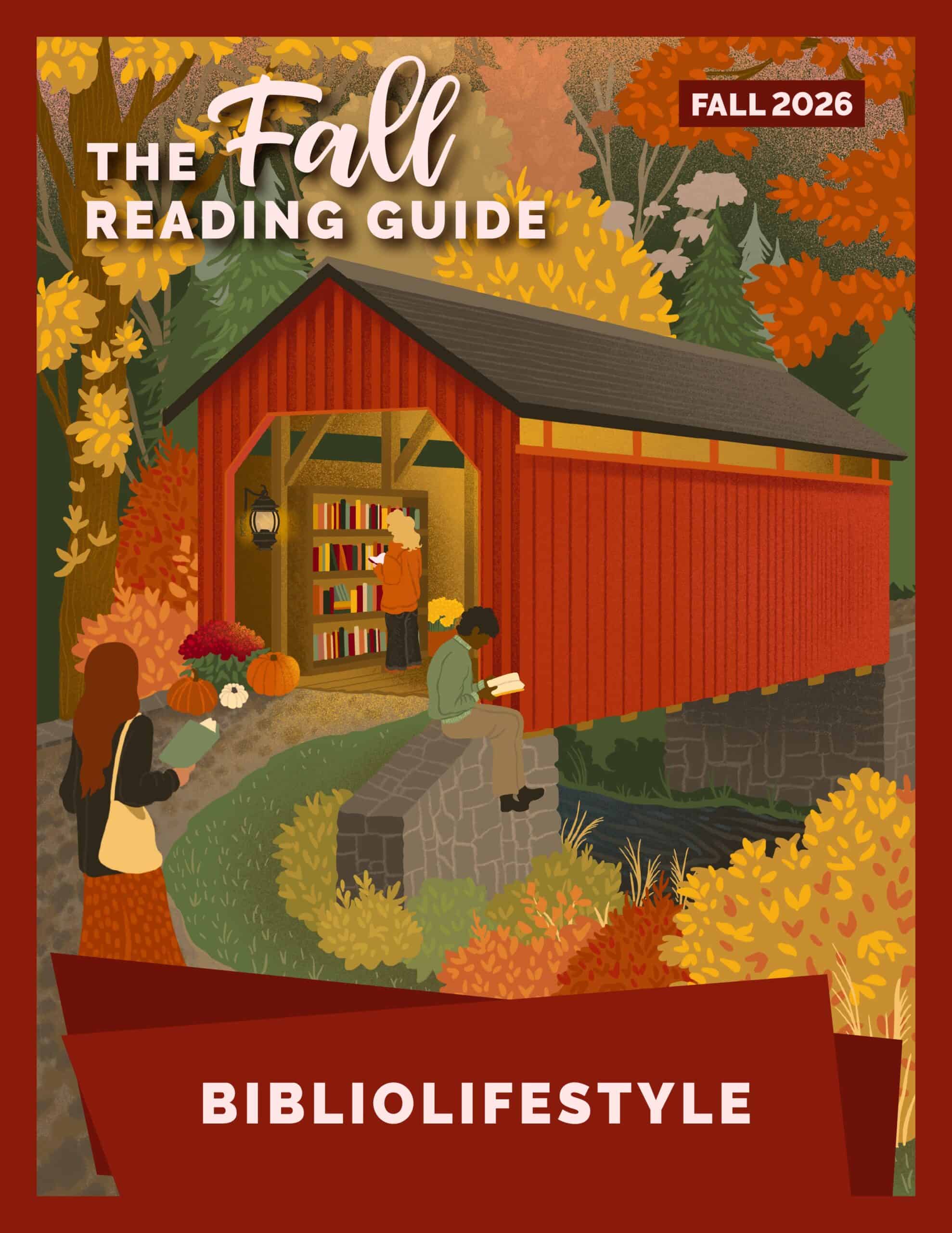 BiblioLifestyle 2026 Fall Reading Guide cover design with the covered bridge bookshop illustration