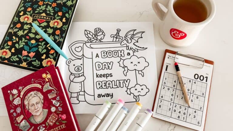 my soft week menu flatlay featuring books, coloring, quiet time, and simple cozy lifestyle ideas