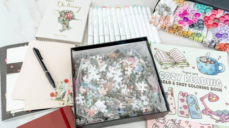 Affordable homebody activities with books, puzzles, journaling, and adult coloring with bold and easy coloring books